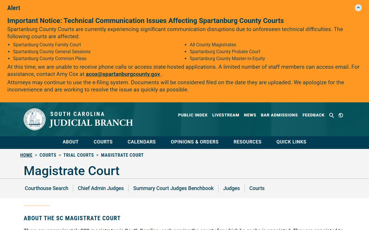 South Carolina Magistrate Court court type page