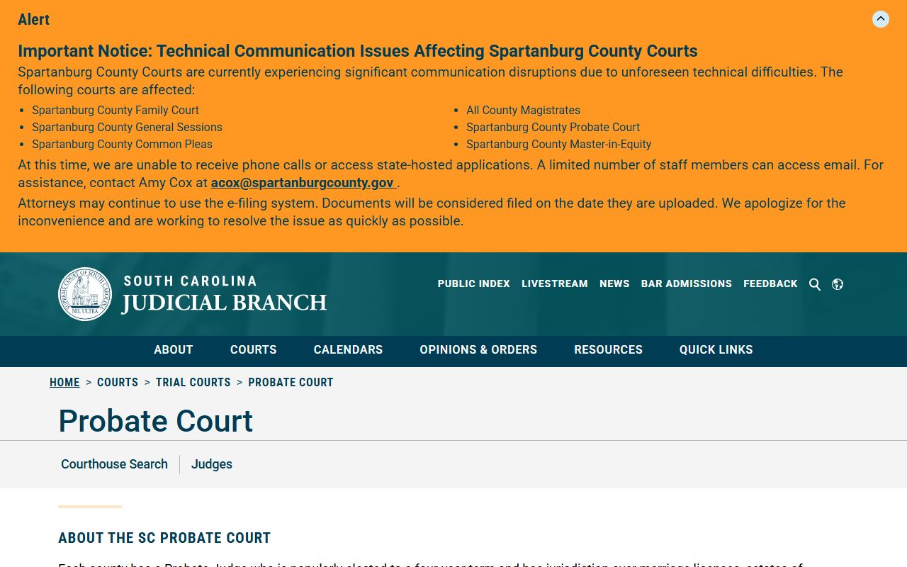 South Carolina Probate Court court type page