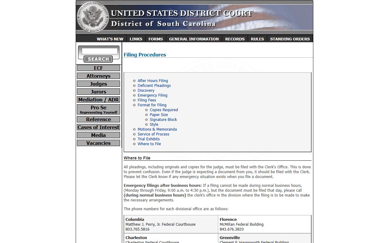 District of South Carolina filing information page