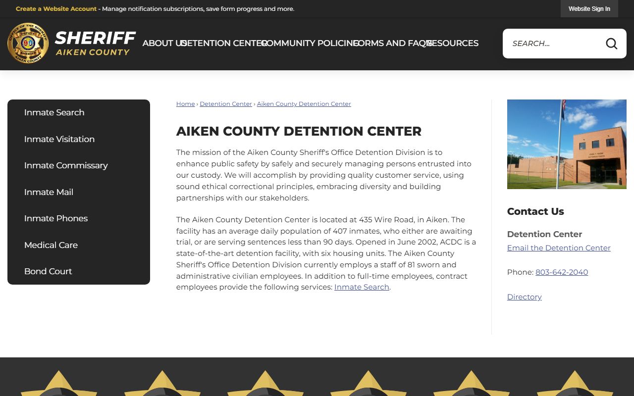 Aiken County inmate records Detention Center page