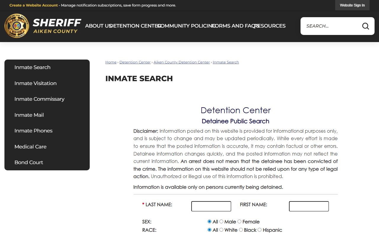 Aiken County inmate search page from the Sheriff's Office