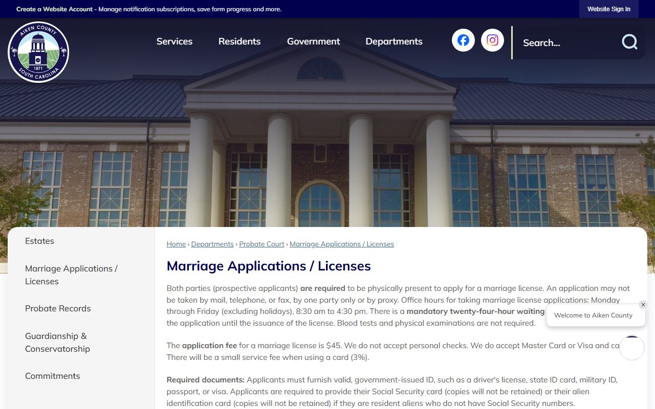 Aiken County marriage applications and licenses page