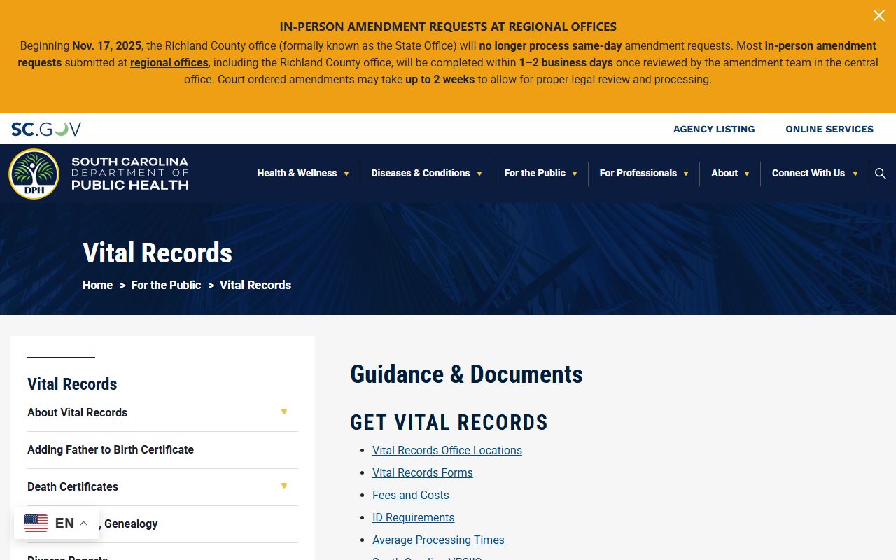South Carolina Department of Public Health vital records page