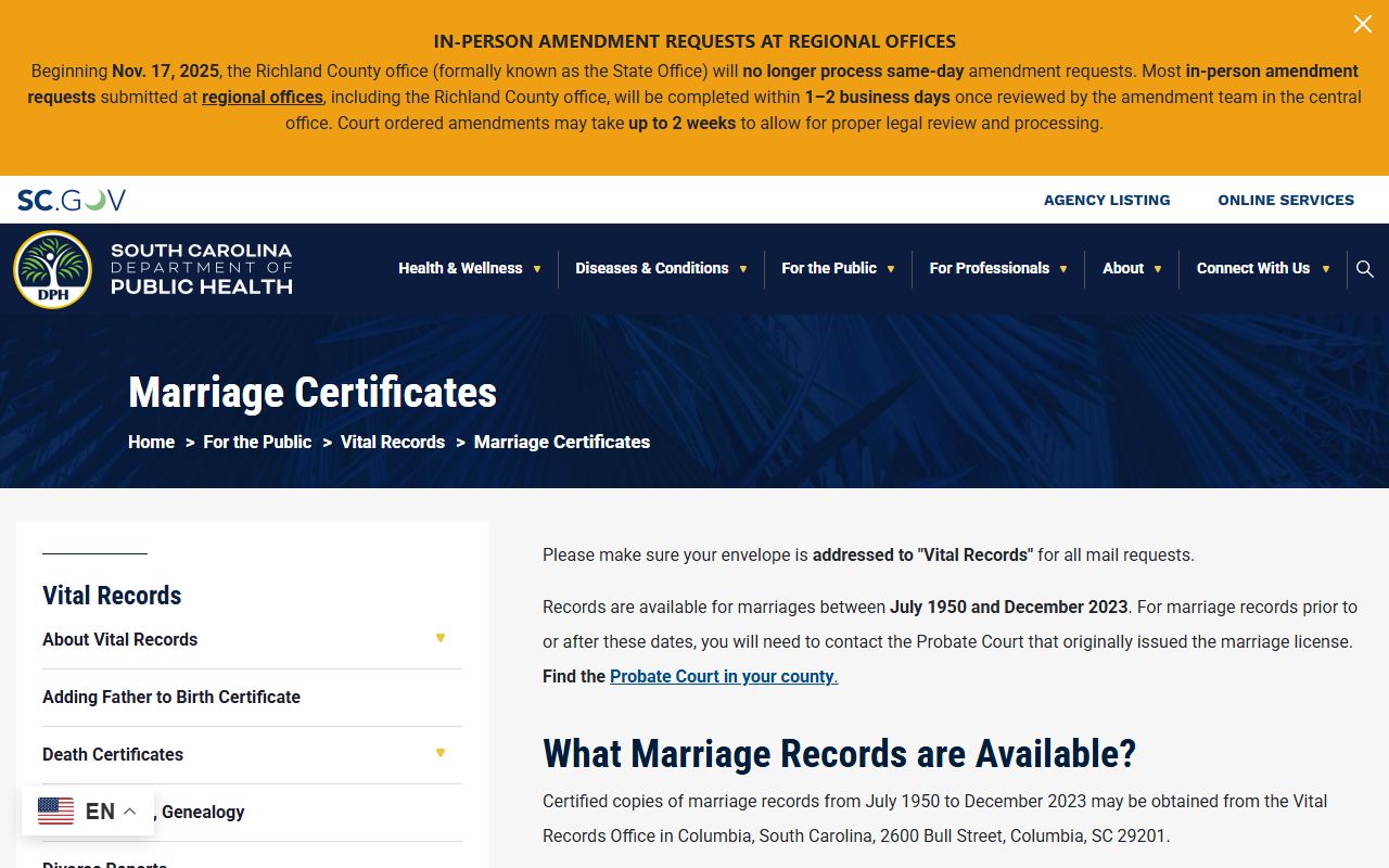 South Carolina marriage certificates page