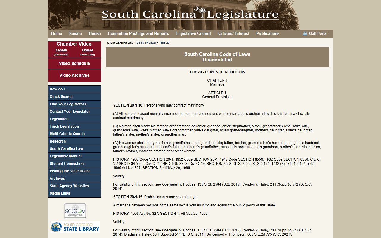 South Carolina marriage statutes page