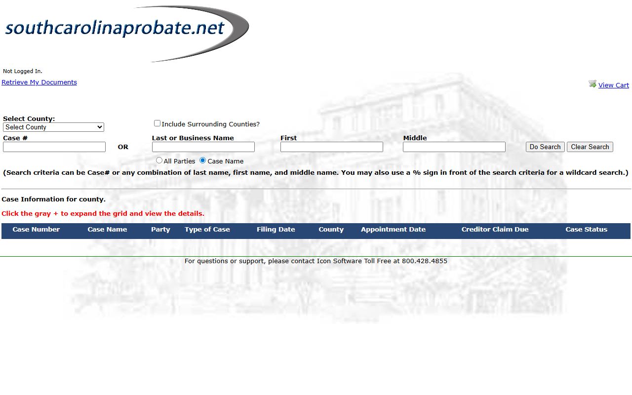 South Carolina Probate Search page