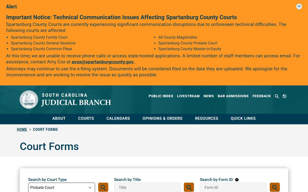 South Carolina probate forms search page